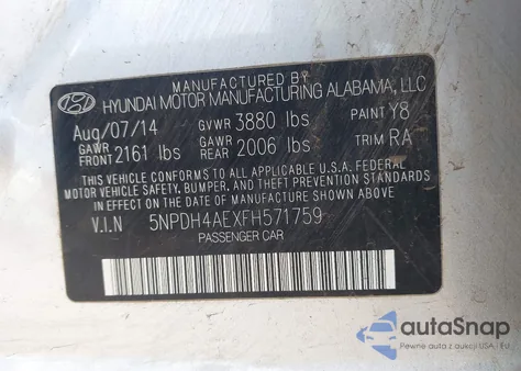 2015 Hyundai Elantra Se z USA, uszkodzony, nr VIN 5NPDH4AEXFH571759